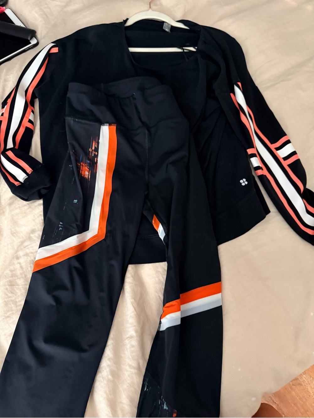 Sweaty Betty Black Sweatshirt+Leggings Set with Orange and White Stripes